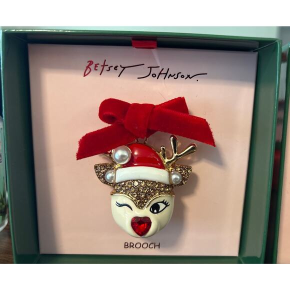 NIB Betsey Johnson Set Winking Reindeer & Gingerbread Girl Brooch Pin Gift Box - Picture 11 of 13